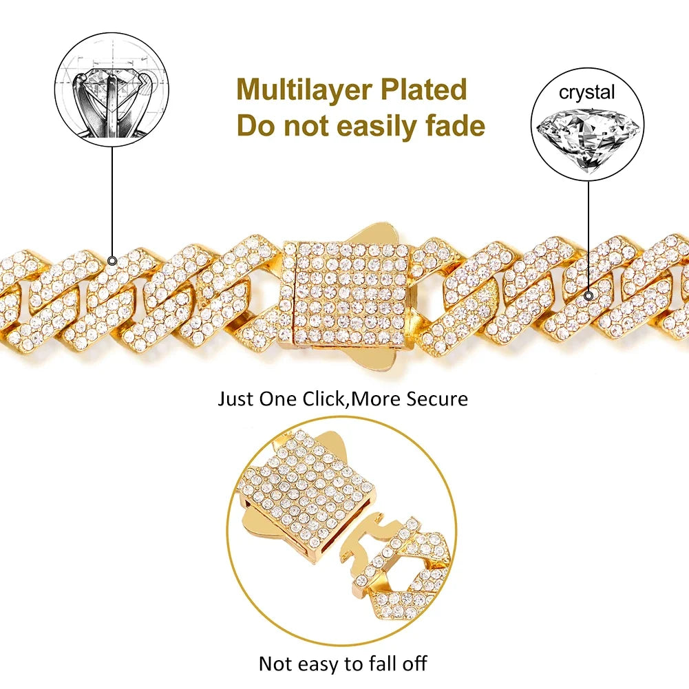 Iced Out Cuban Link Chain 14MM Prong Rhombus Diamond Cuban Chain Hip Hop Choker Necklaces Women Men Jewelry Wholesale