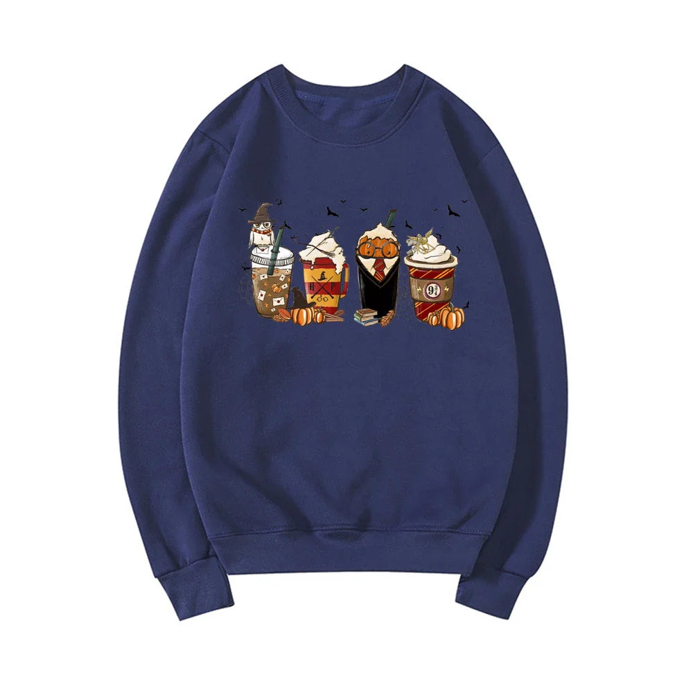 Latte Coffee Halloween Witch School Sweatshirt Fall Coffee Pumpkin Hoodies Retro Halloween Sweatshirt Vintage Halloween Gift Top