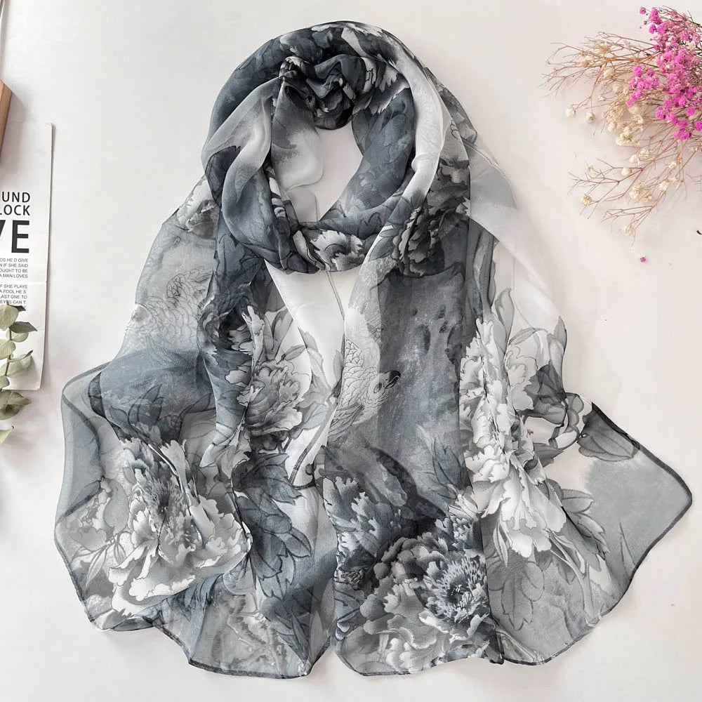 Women Fashion Chiffon Georgette Silk Scarf For Muslim Hijab Peony Flower Bandana Summber Beach Sarong Scarf&Shawl HY30