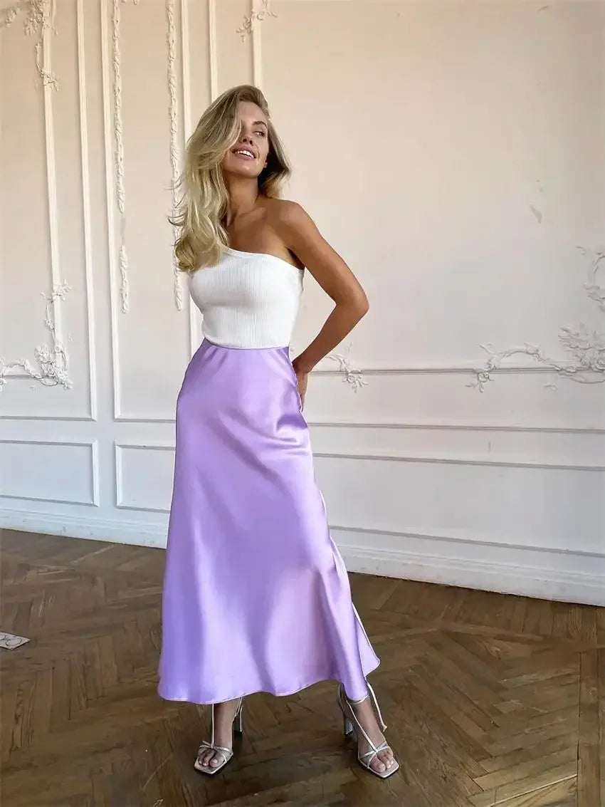 Elegant Women's Skirts Korean Fashion Satin Silk A-line Skirt Office Black Champagne Long Summer Skirts Woman Fashion 2024