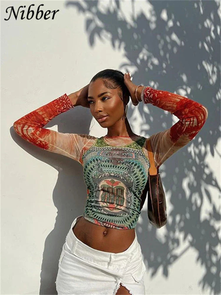 Nibber Autumn Art Print T-shirt Women's Wear Long-sleeved O-Neck Short Section Navel Slim Fit Top Female street comfortable 2022