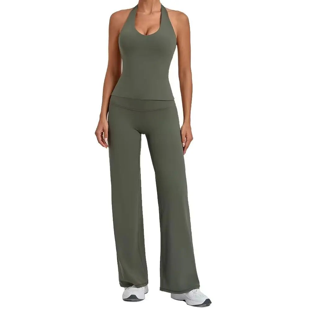 Women Halter V Neck 2Pcs Yoga Outfit Backless Crop Top High Waist Flare Pants Soft Stretch Workout Gym Pilates Casual Tracksuit