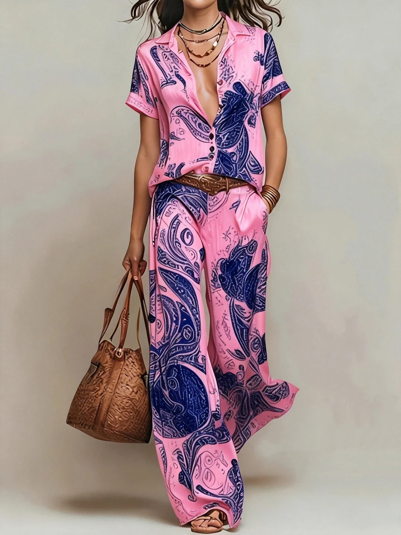 Women's Boho Paisley Print Two-Piece Set V-Neck Short Sleeve Blouse Top Wide Leg Pants Casual Loose Suit for Vacation