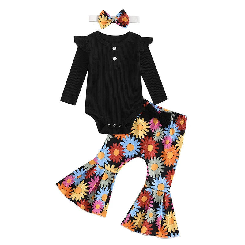 Newborn Baby Girl Clothes Rib Frill Long Sleeve Romper Daisy Flared Pants Headband Set 3pcs Fall Winter Outfits