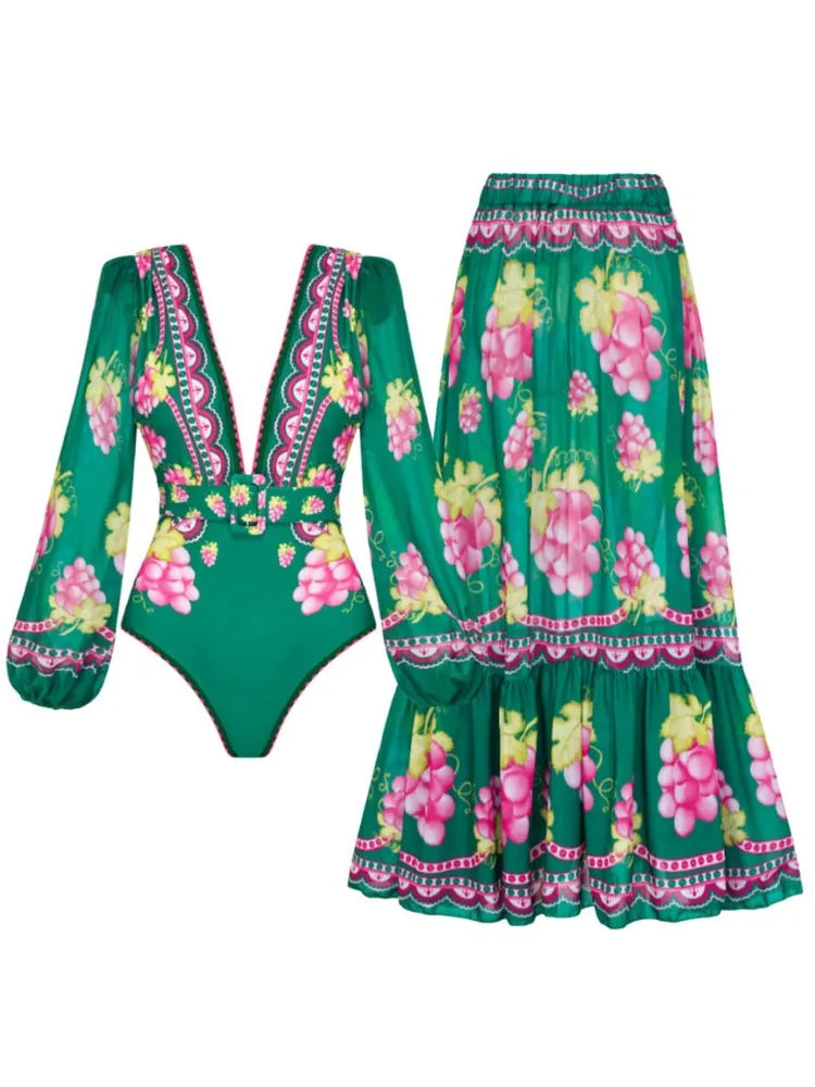 Retro Green Bikini Printed Fashion One Piece Swimsuit And Cover Up With Skirt Tight Women's Bandage Summer Beach Luxury Elegant