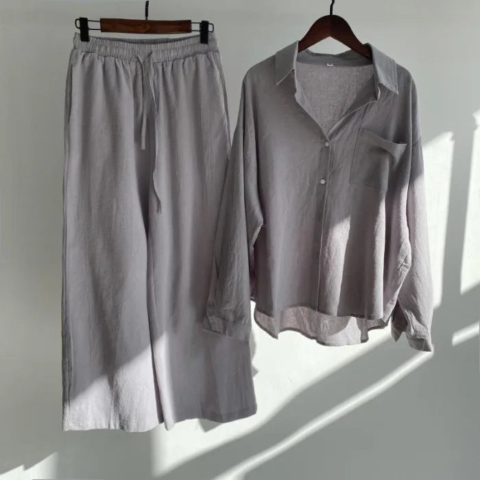 Spring Summer Women's Two Piece Casual Long Sleeve Shirt Women's Suit Fashion Button Casual Female Wide Leg Pants 2 Piece Sets