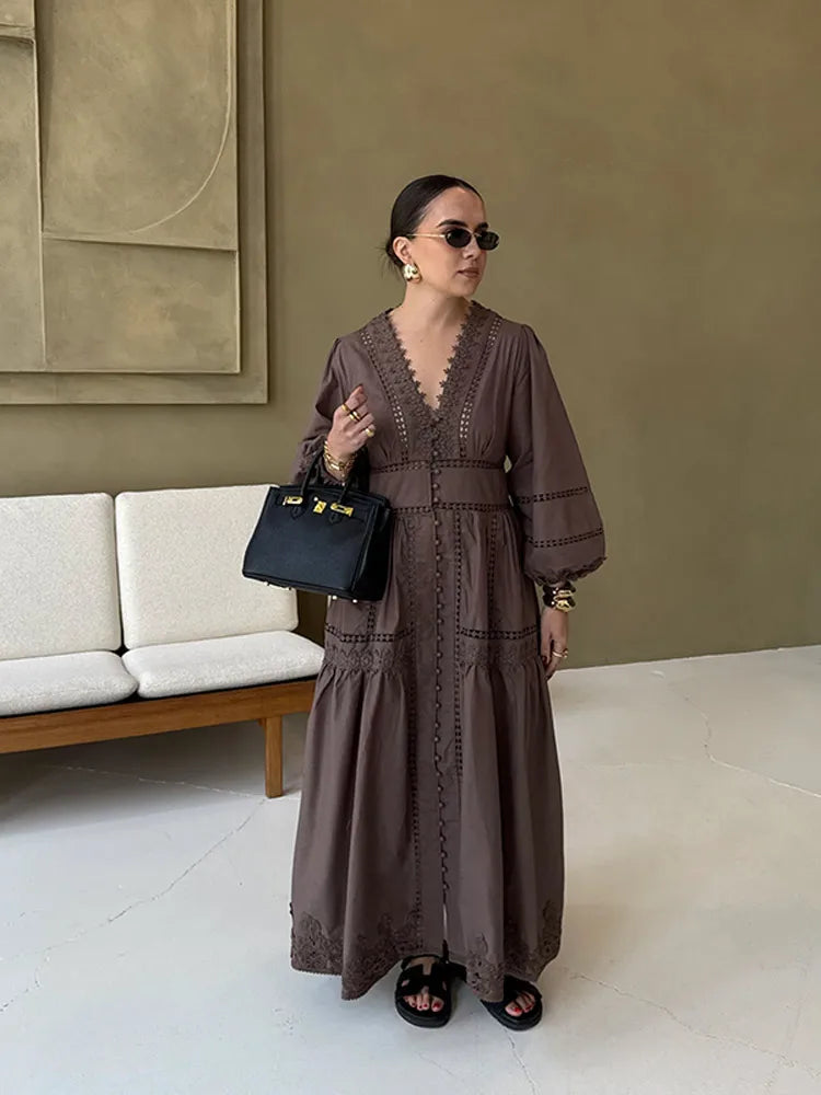 Elegant Lace Hollow Out Women's Long Dress Solid V-neck Patchwork Puff Sleeve Bodycon Dressess Female 2025 Spring New Lady Robes