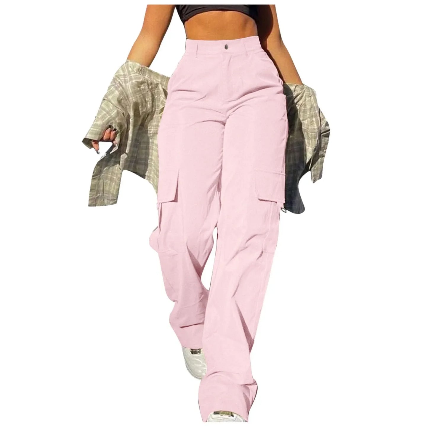 Ladies' Street Fashion Multi Pocket Cargo Pants Summer Solid Color Straight Leg Pants High Waist Slimming Loose Fit Cargo Pants