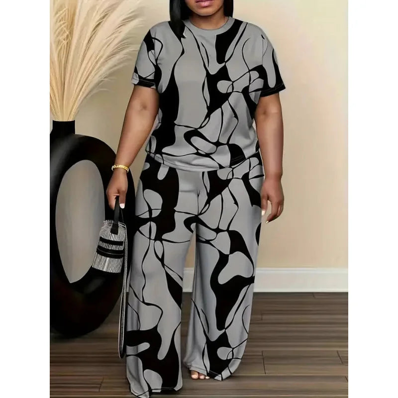 Conjuntos Femininos Summer Short-sleeved Fashion Print Suit Women's Round Neck Large Size T-shirt Wide-leg Trousers 2 Piece Suit