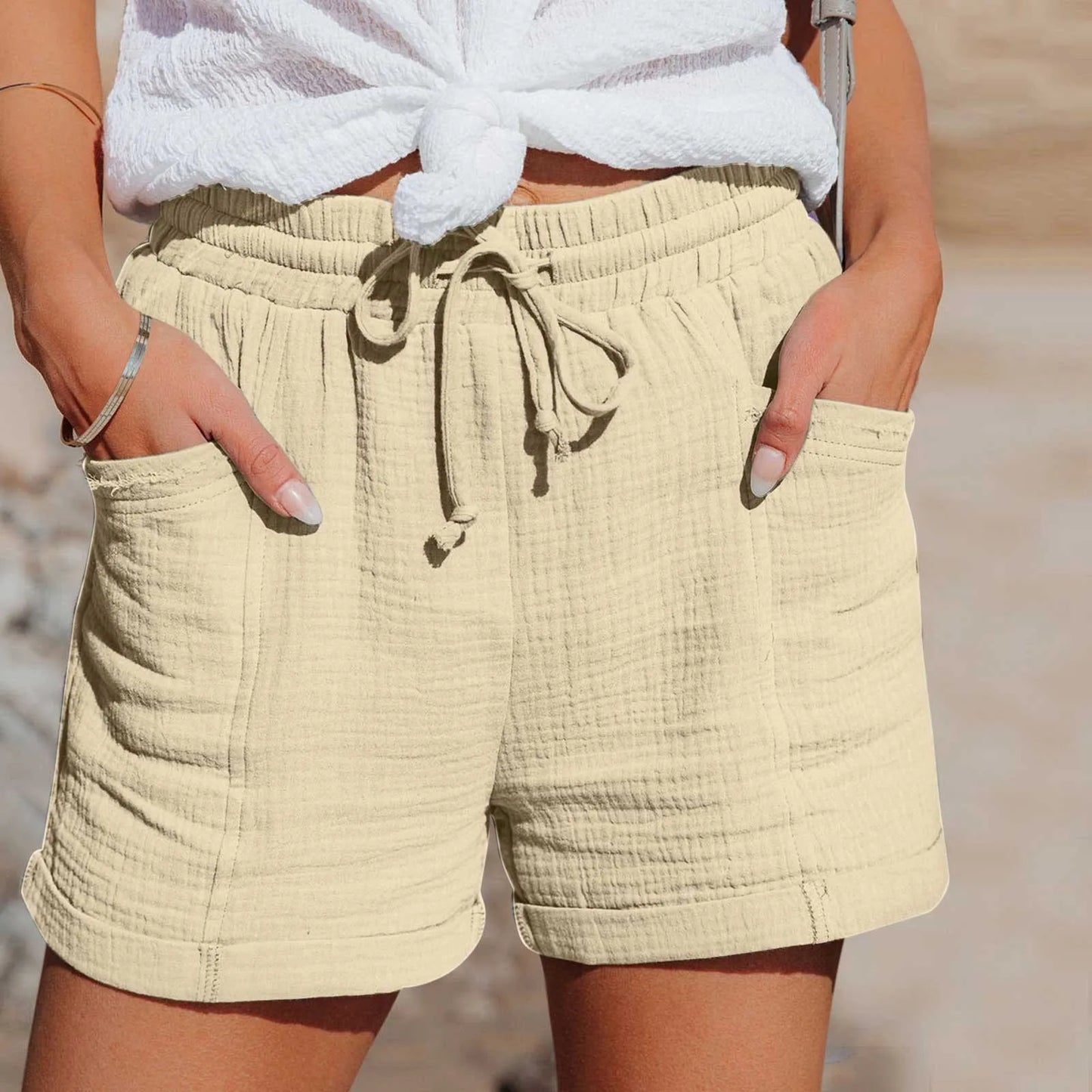 Summer Cotton Linen Shorts Women'S Drawstring High Waist Short Pants With Pockets Sports Casual Basic Cortos Pantalones 2024
