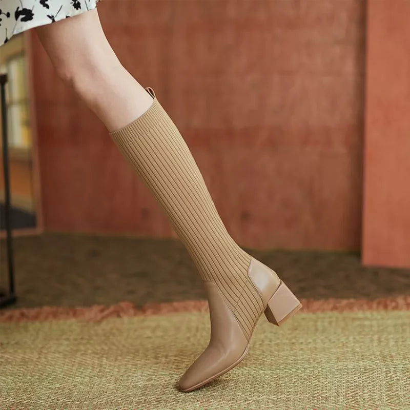 Comemore Sock Boots Women 2024 Winter Knee High Knitting Warm High Boot High Heels Weave Casual