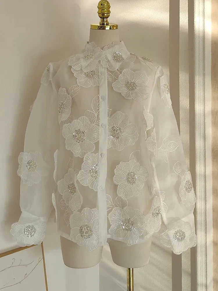 TWOTWINSTYLE Elegant Spliced Appliques Shirt For Women Lapel Long Sleeve Patchwork Single Breasted Vintage Blouse Female Clothes