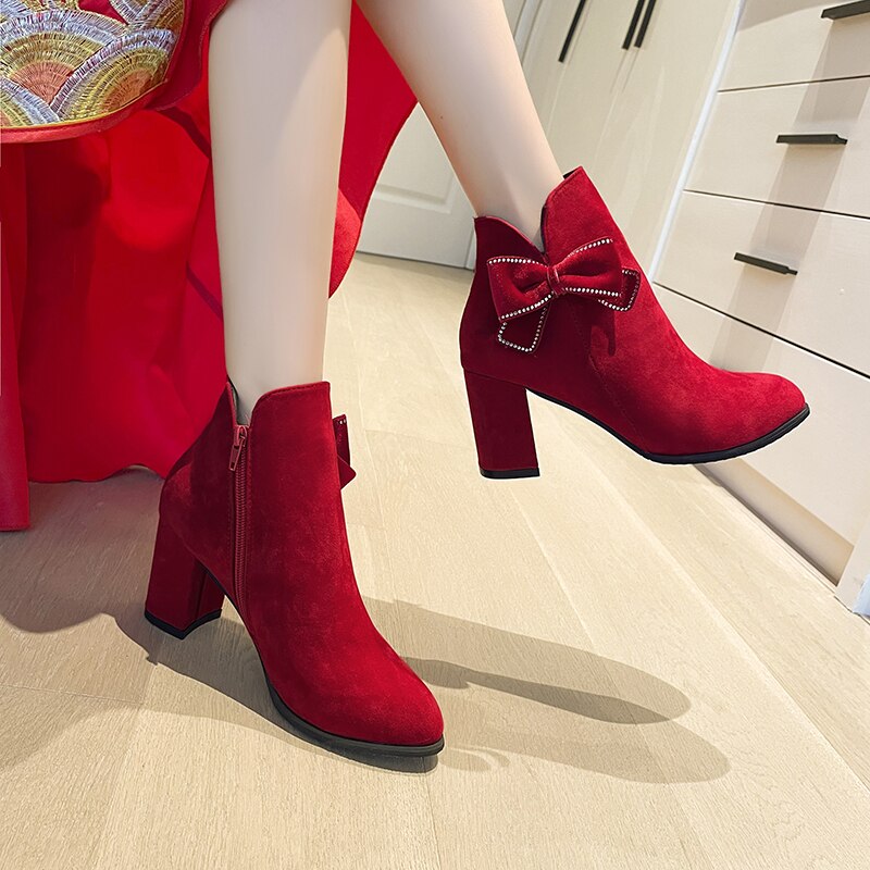 Women's Wedding High Heels Sexy Fashion Bow 2022 Winter New Warm Plush Ankle Boots Zipper Fleece Lined Pointed Toe Botas Mujer