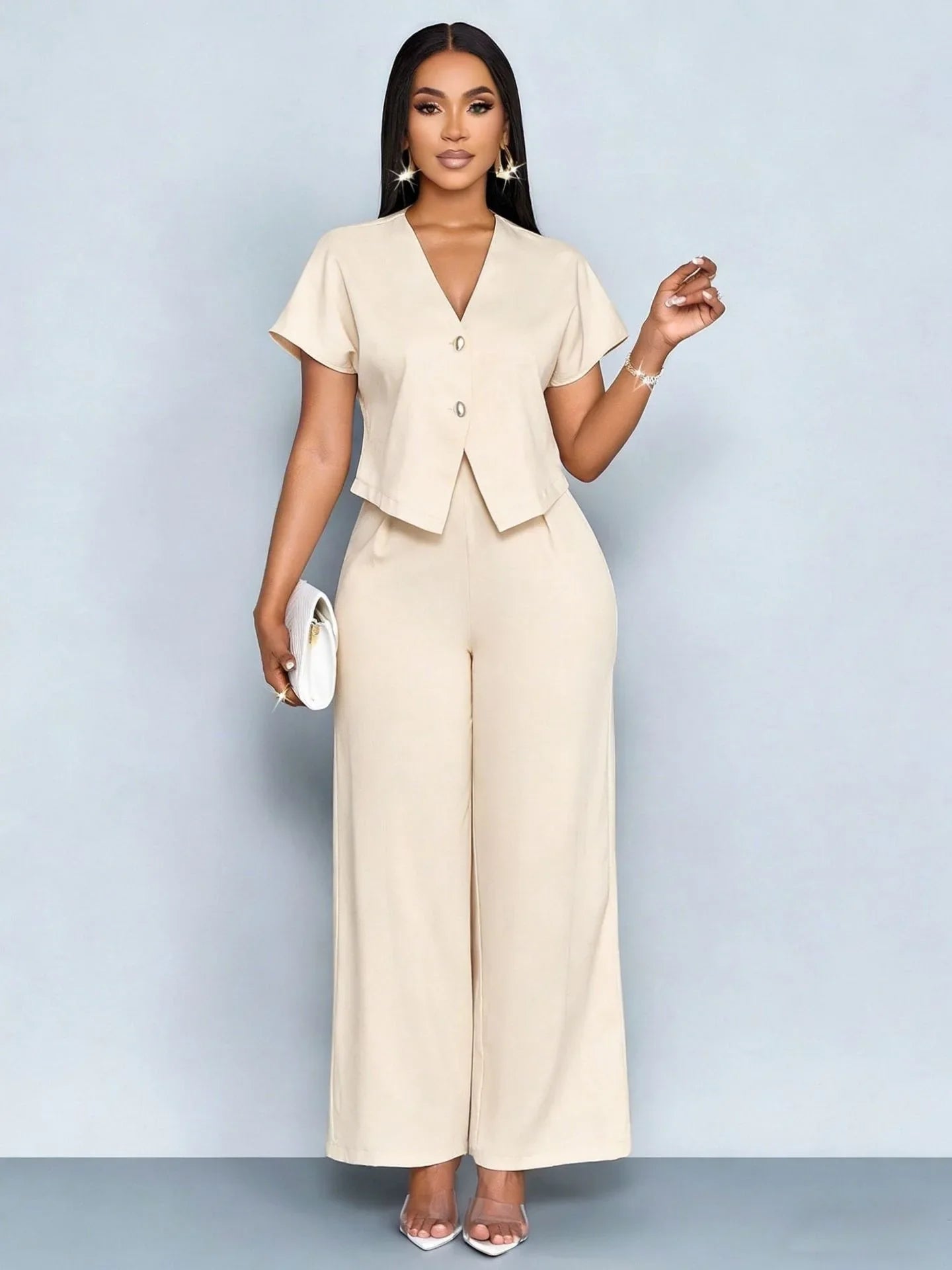 Summer Elegant 2 Piece Suit For Women V Neck Short Sleeve Blouse Top High Waist Wide Leg Pants Set Casual Business Office Outfit