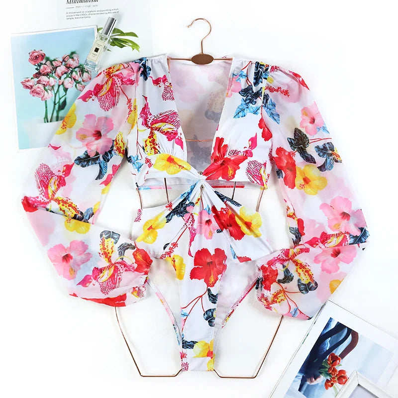 CPUTAN 2024 Sexy Floral One Piece Swimsuit Summer Women Long Sleeve Deep V Swimwear Beachwear Print Surf Monokini Bathing Suit