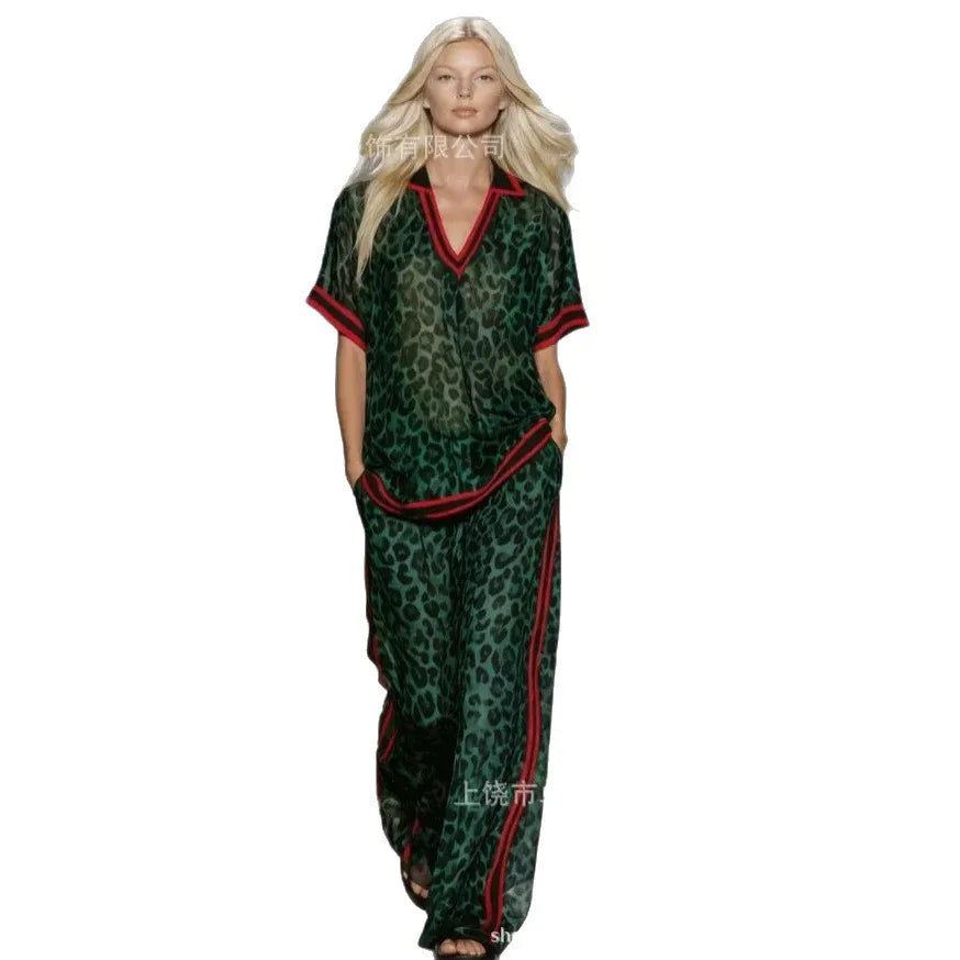 Women Leopard Print Two Piece Set Summer Casual Stripe V-Neck Short-sleeved Top & Wide Leg Pants Red Trim Casual Vacation Outfit