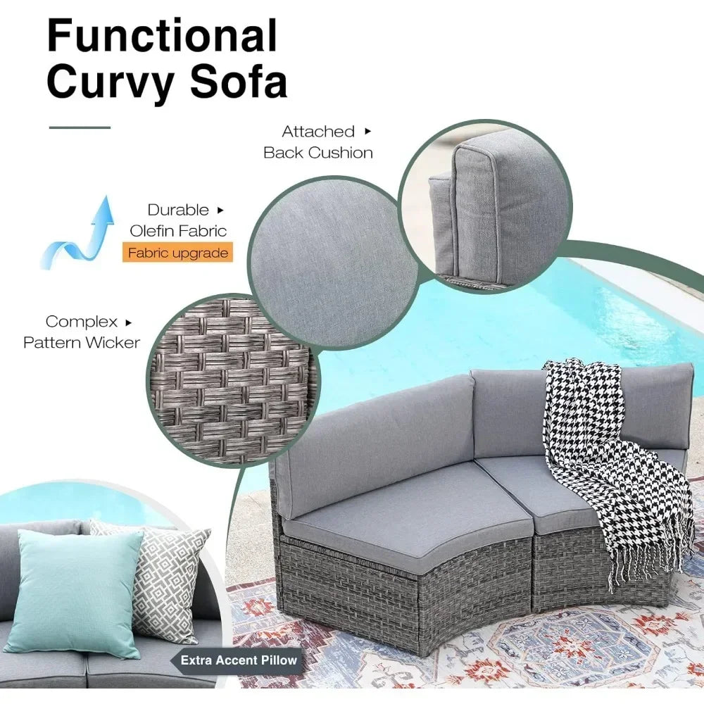 Outdoor Patio Furniture Sectional 7-Piece Half-Moon Curved Outdoor Sofa Set with Round Coffee Table,4 Pillows & Waterproof Cover