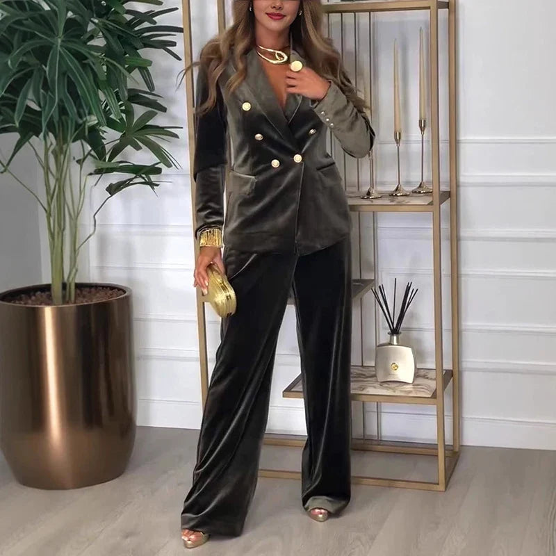 Fashion Slim Two Piece Sets For Women Elegant Double Breasted Splicing Velvet Long Sleeved Top And High Waist Straight Pant