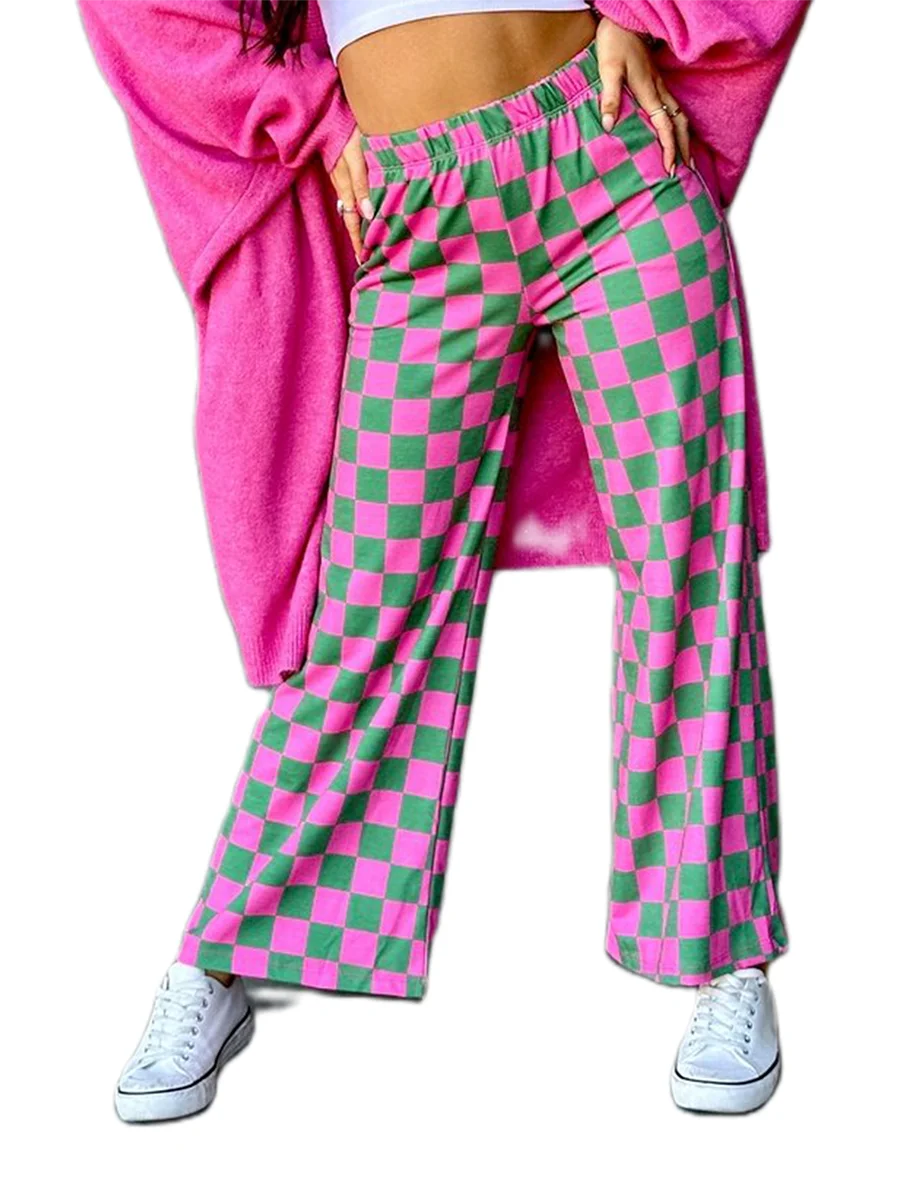 Womens Checkered Wide Leg Pants High Elastic Waisted Straight Loose Fitted LoungeTrouser Y2k Korean Streetwear