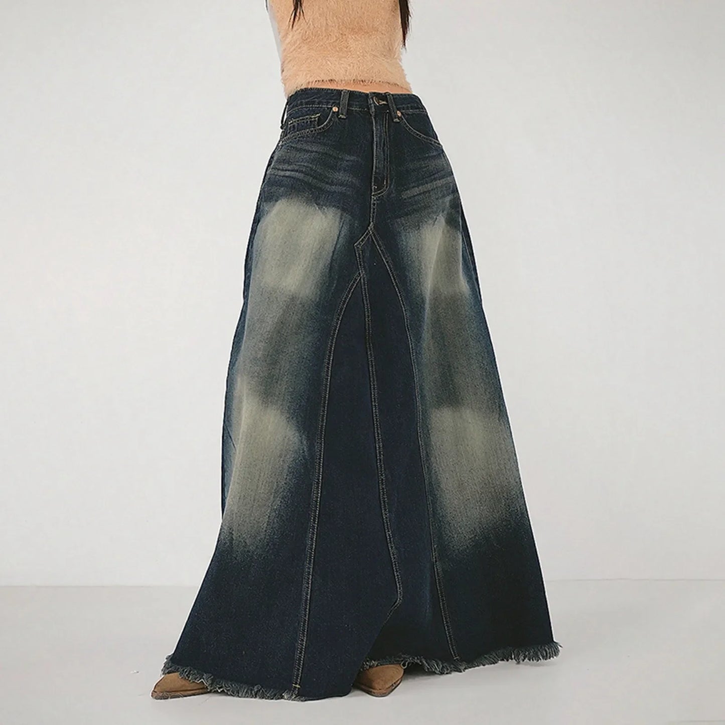 Vintage Denim Skirts For Women High Waisted Distressed Washable Blue A Line Dress High Street Style Fringe Hem Long Half Skirts
