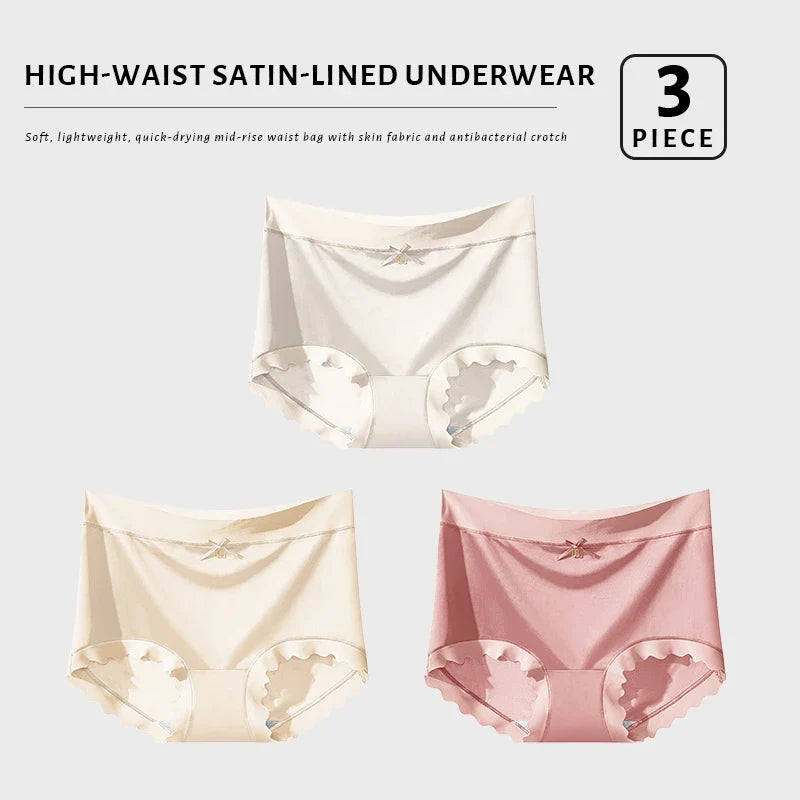 FallSweet 3Pcs Ice Silk Panties for Women Seamless High-Rise Briefs Plus Size Underwear Boyshort Sexy Lingerie for Everyday Wear