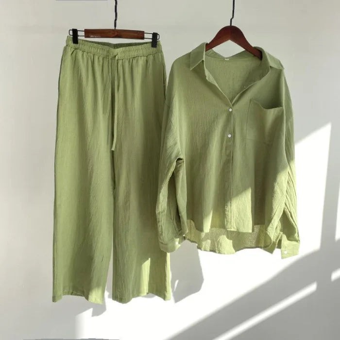 Spring Summer Women's Two Piece Casual Long Sleeve Shirt Women's Suit Fashion Button Casual Female Wide Leg Pants 2 Piece Sets
