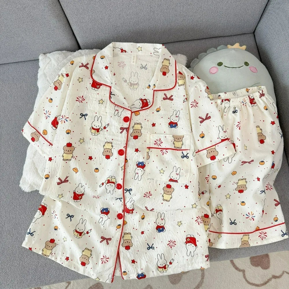 Cute Miffy Women Summer Pajamas Set Short Sleeve Shorts Comfortable Loose Soft Breathable Casual Homewear Loungewear Sleepwear