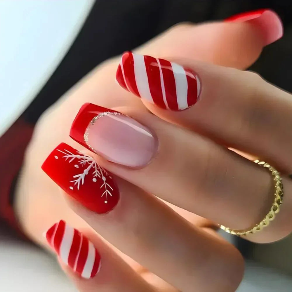 24Pcs Coffin Christmas Handmade Press on Nails Full Cover Snow Tree Design Santa Claus False Nails Wearable Manicure Nail Tips