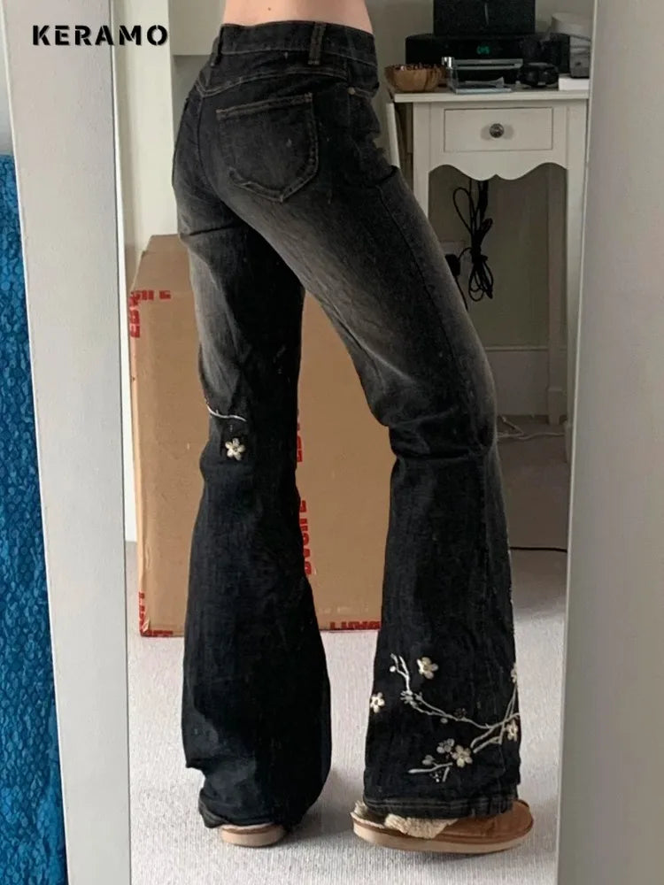 Wee keep Floral Embroidery Jeans Vintage 2000s Low Rise Women Retro y2k Baggy Denim Pants.