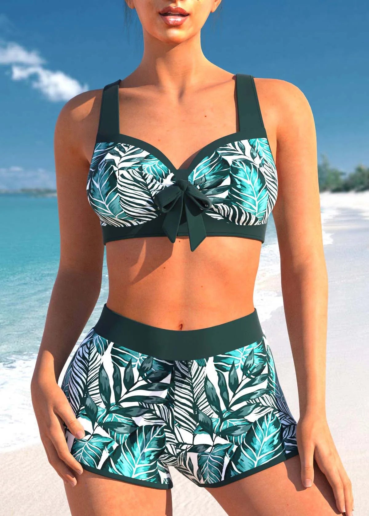 Summer Sexy Women's Bikini Set, Fashionable Swimming Pool Swimsuit, Retro Leaf Print Camisole Swimsuit S-5XL