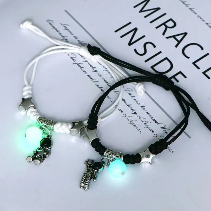 Fashion Luminous Beads Star Couple Bracelets For Women Men Charm Cat Flower Heart Key Lock Cross Matching Bracelets Bff Jewelry
