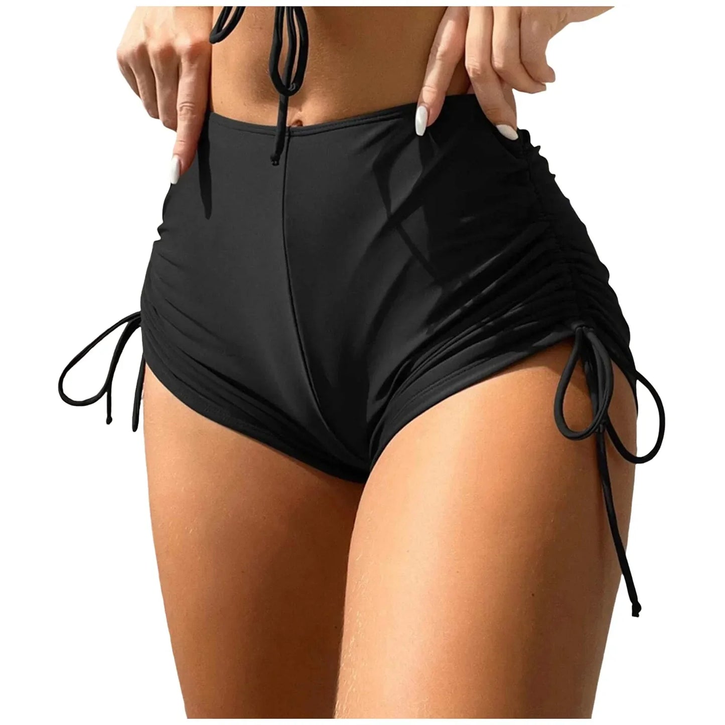 Women Drawstring Side Bikini Bottom High Waist Ruffled Sexy Swimwear Ruched Bottom Full Coverage Shorts New Women'S Swimsuit