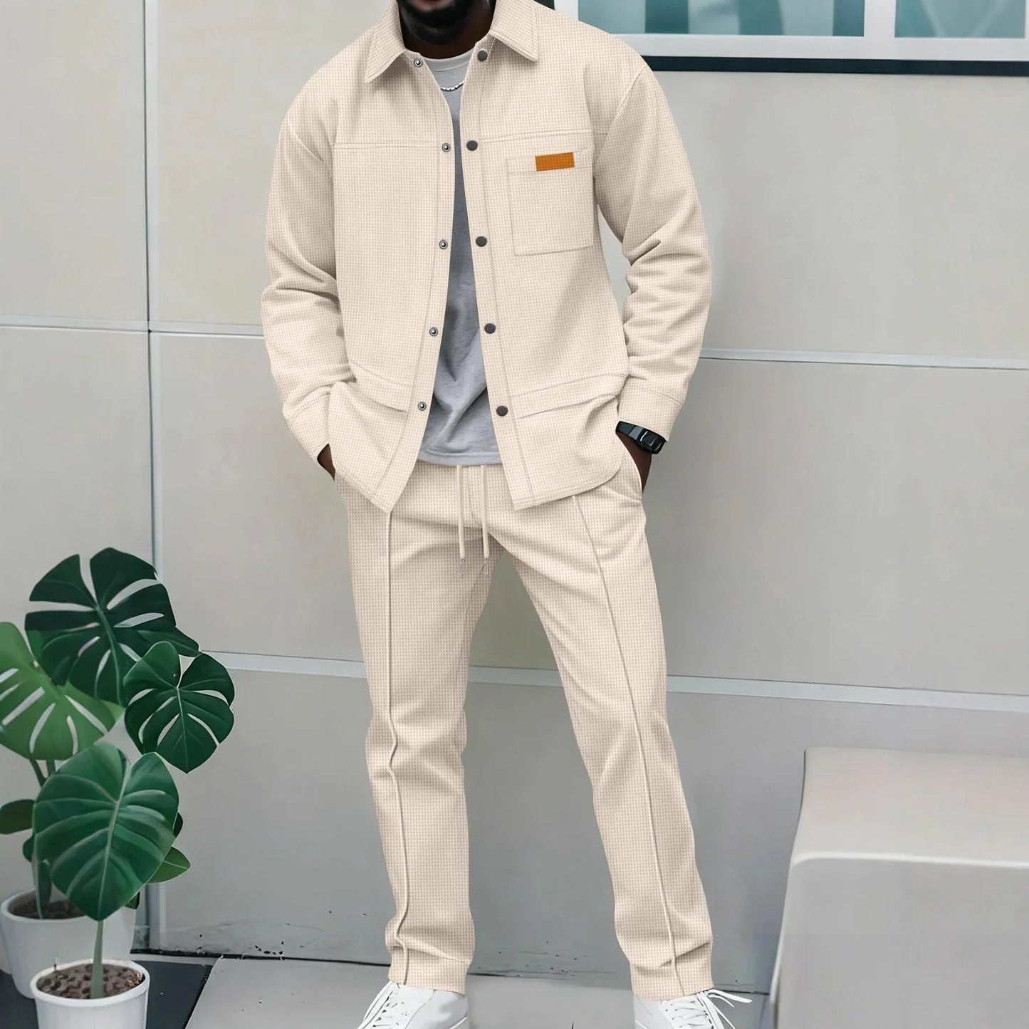 Spring and Autumn Men's High-Quality Waffle Pure Color Placket Pocket Jacket Set - A Stylish and Casual Two-Piece Outfit