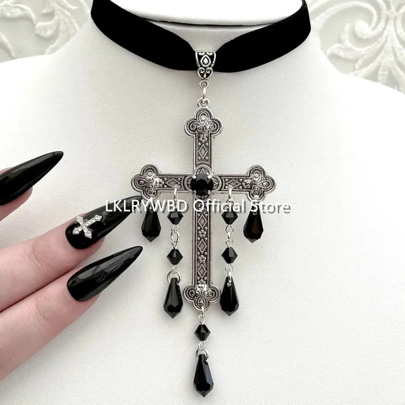 Large Cross Choker, Red Goth Choker, Gothic Cross, Goth Cross Velvet Choker, Red Velvet Choker with Cross, Velvet Cross Choker,