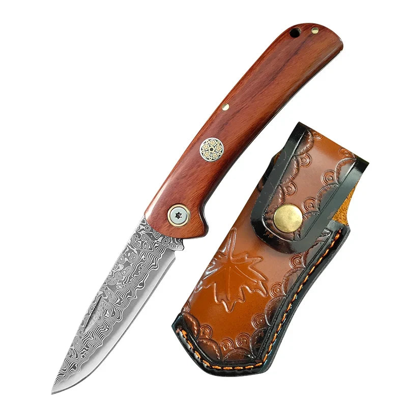 Super Sharp Damascus VG10 Steel Pocket Knife Folding Blade Wooden Handle Kitchen Fruit Meat Vegetable Cutting Knife Holiday Gift