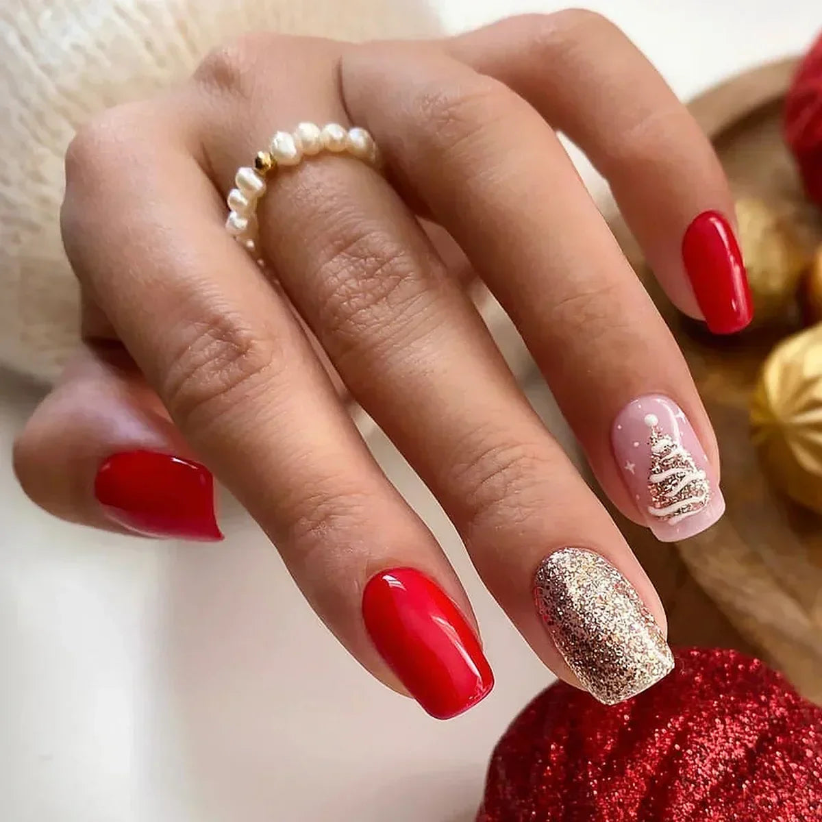 24Pcs Coffin Christmas Handmade Press on Nails Full Cover Snow Tree Design Santa Claus False Nails Wearable Manicure Nail Tips