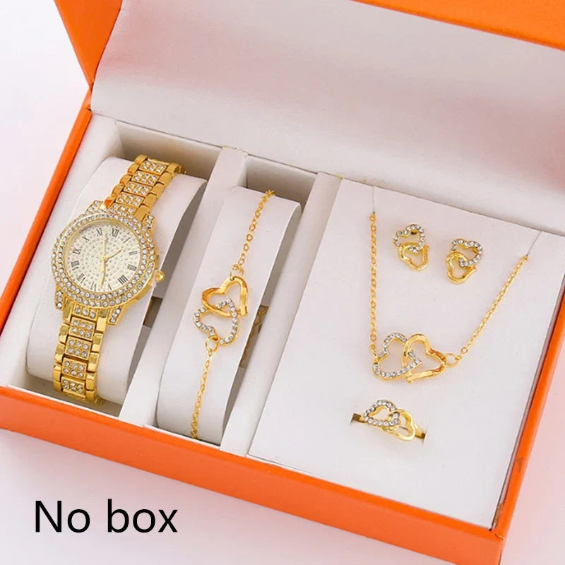6Pcs/Set Women's Rhinestone Quartz Watch Set Fashion Wrist Watch & Jewelry Set Gift.▪