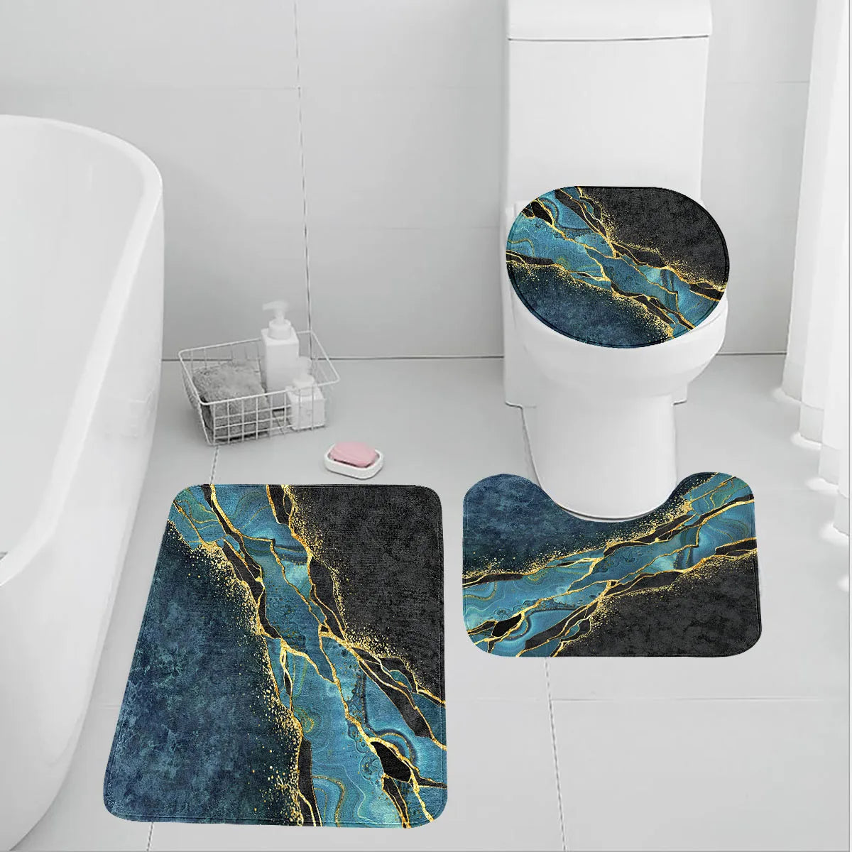 A three piece set of dark green marble pattern can be purchased individually or set together for bathroom carpets