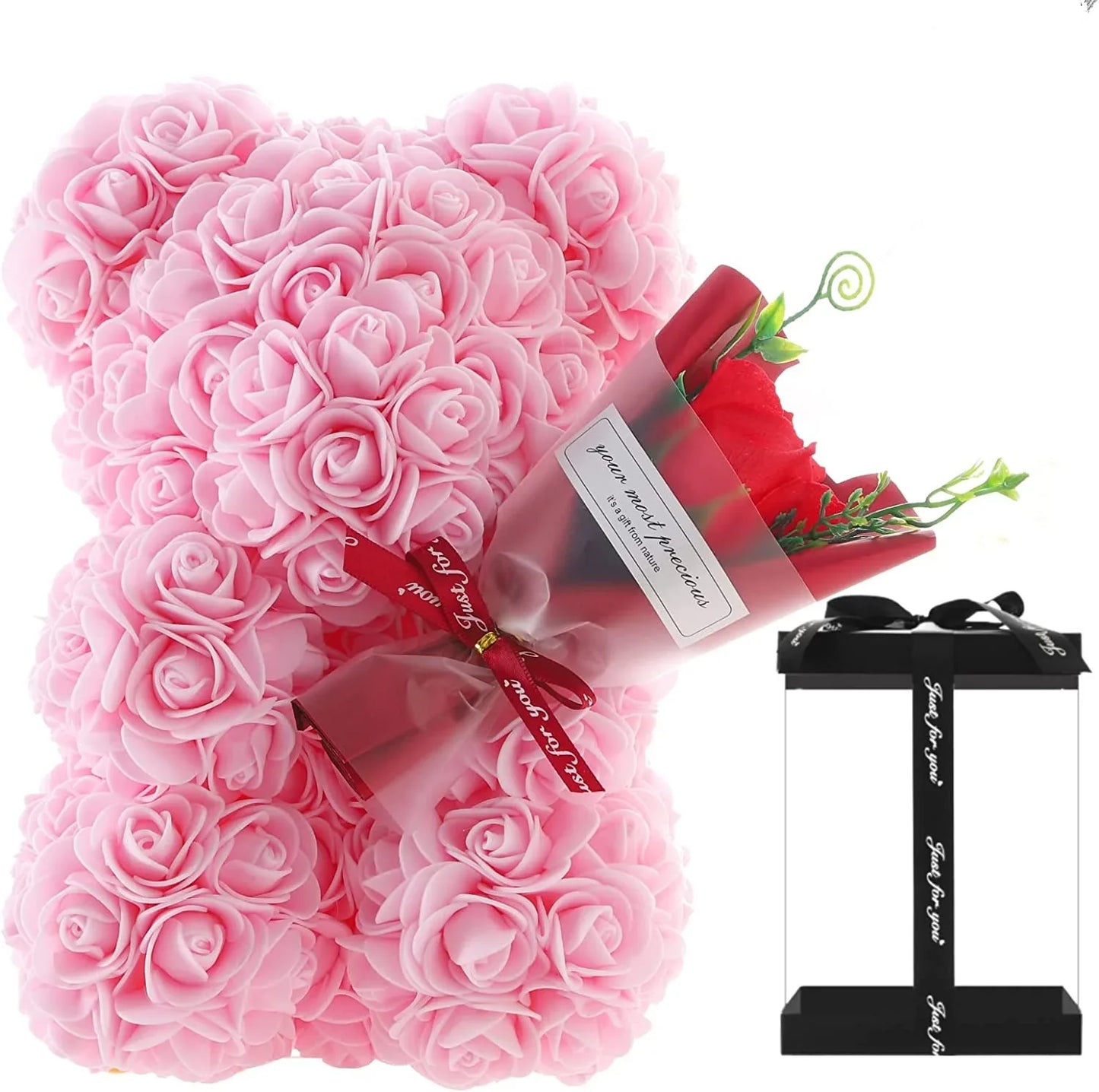 1pc 25cm Rose Bear with Flower Bouquet Artificial Foam Flowers Bear Romantic Creative Gifts for Valentines Day Anniversary Gift