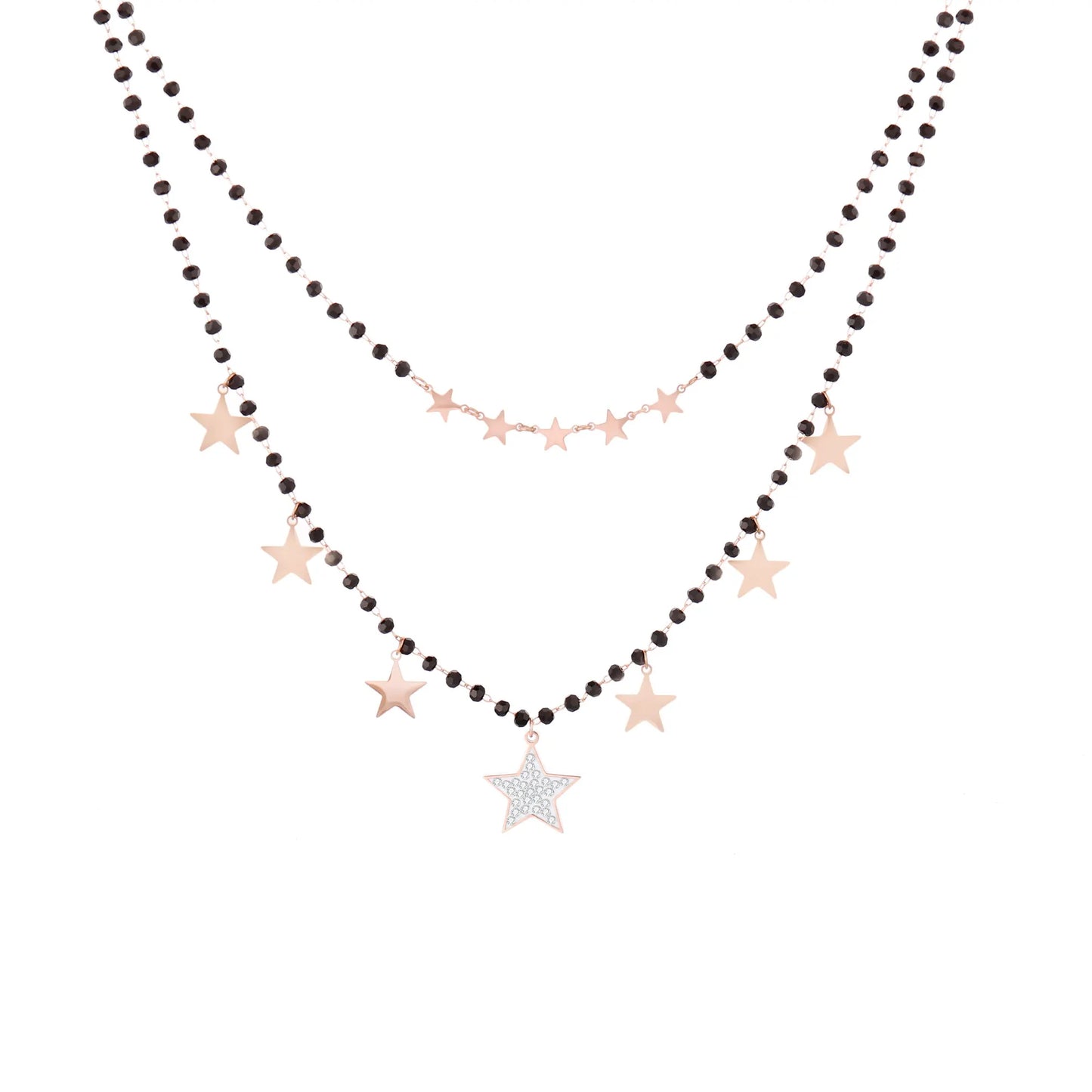 Fashion Double Layer Black Crystal Beads Necklace For Women Stainless Steel Star Choker Necklace Women's Jewelry femme Bijoux