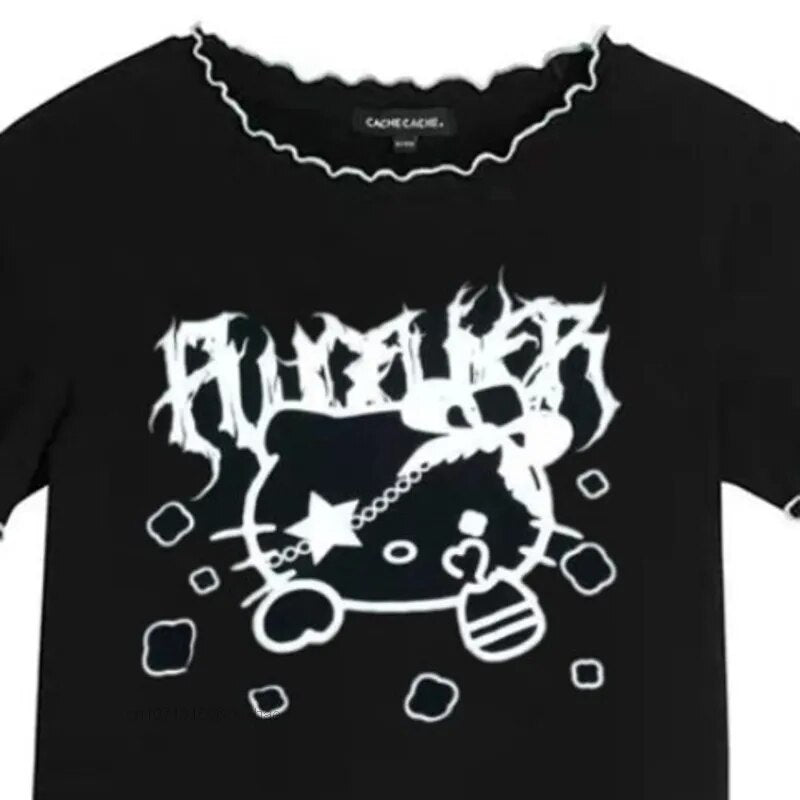Sanrio Hello Kitty Goth Punk Trend Women Crop Tops Y2k Vintage Fashion Korean Cartoon Tees Black White Loose Girl T-shirt Tops