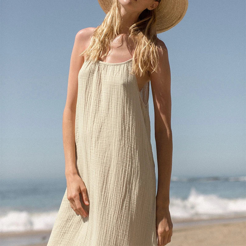 Vintage 100% Cotton Women'S Dress Sexy Spaghetti Strap Casual Loose Holiday Beach Long Midi Party Elegant Dresses For Women 2024