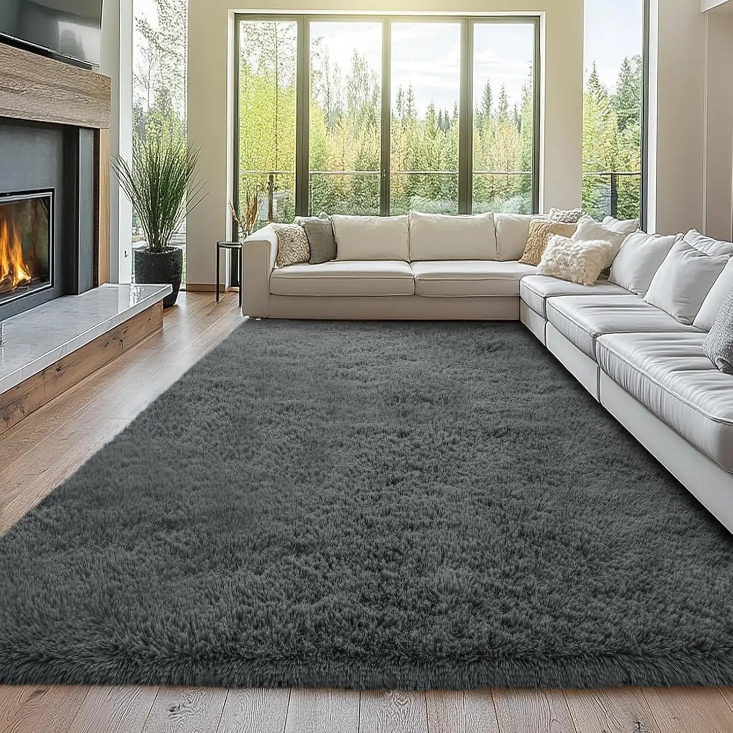 Large Shaggy Grey Area Rug,10x14 - Super Soft Fluffy Carpet for Living Room, Bedroom.