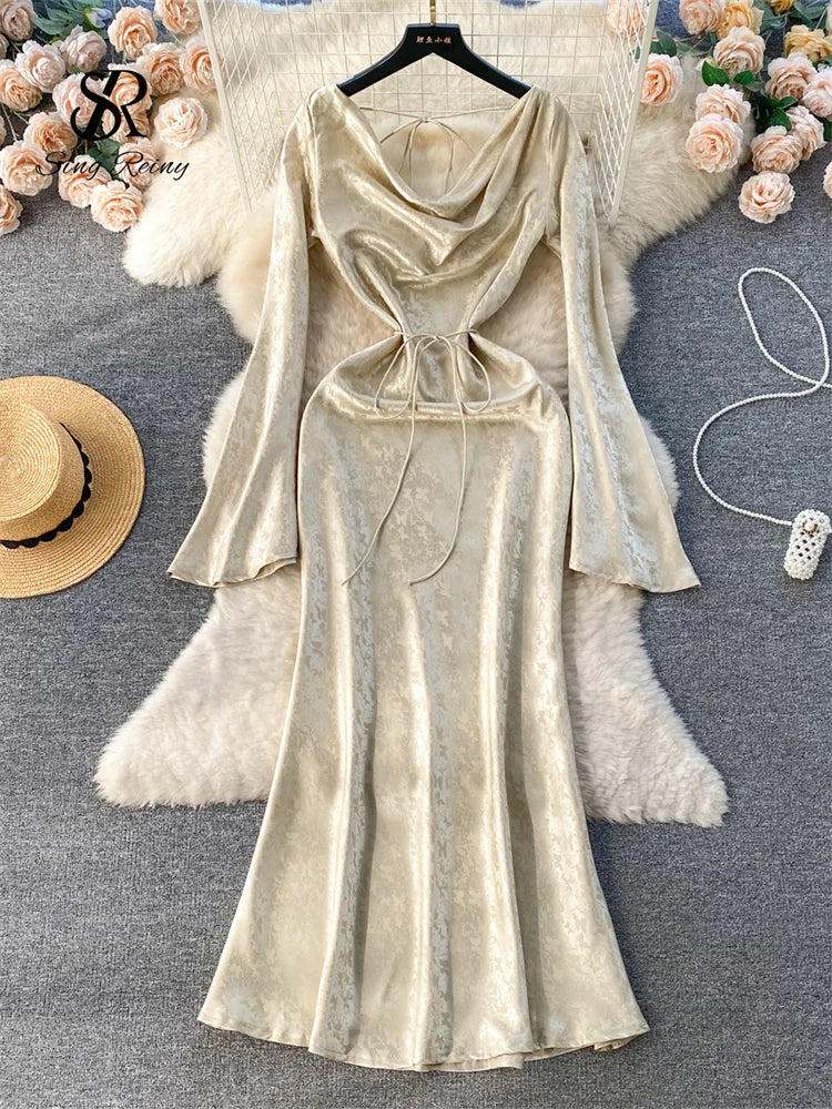 SINGREINY Senior Court Party Fishtail Dress Fashion V Neck Lace up Slim Chic Women Elegant Flare Sleeves France Retro Sexy Dress