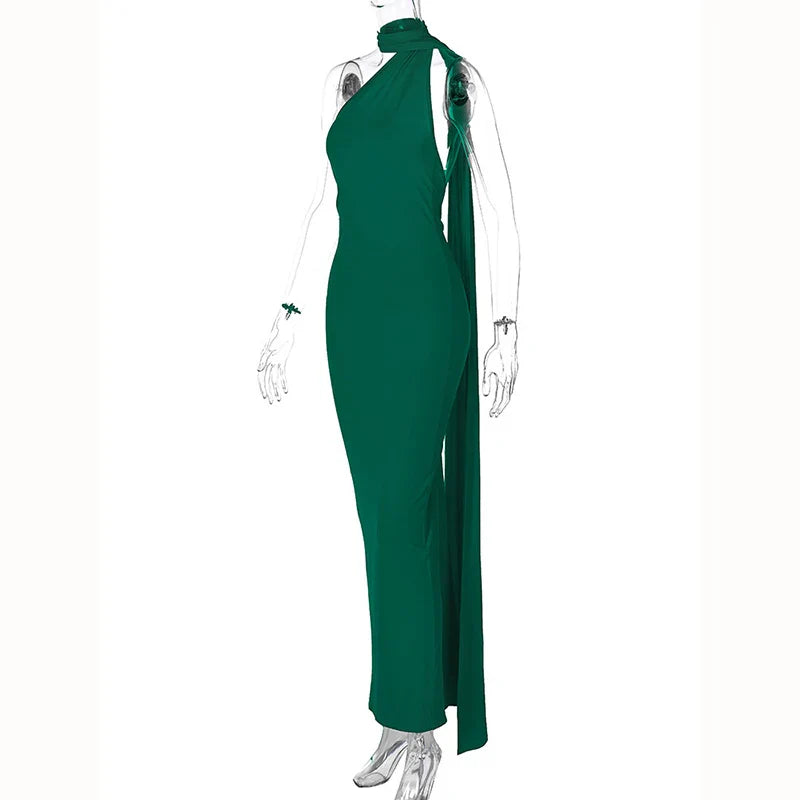 Hugcitar One Shoulder Backless Adjustable Scarf Loop Ruched Sexy Maxi Dress 2025 Women Elegant Y2K Streetwear Festival Outfit
