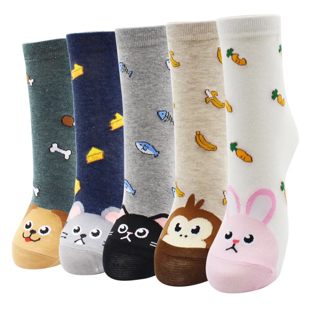 5 Pairs Fashion Colorful Kawaii Cute Cartoon Cotton Women Socks Harajuku Korean Halloween Cat Dog Owl Duck Fox Girl Socks