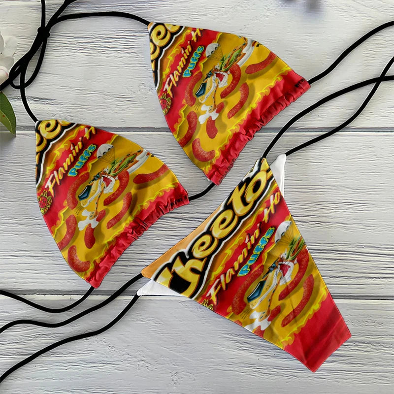 Funny food and potato chip print summer swimsuit women sexy bikini panties thong G-string swimming trunks beachwear