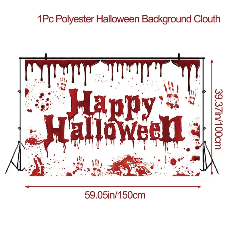 Happy Halloween Banner Bloody Bat Pumpkin Ghost Print Party Backdrop Hanging Banner Halloween Party Decoration For Home