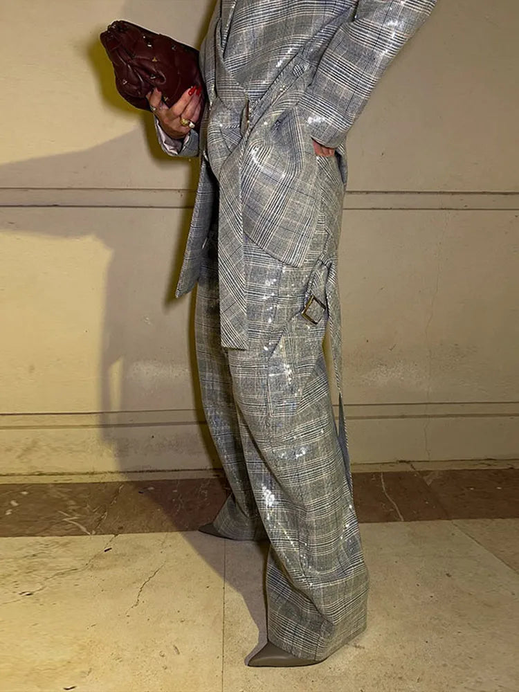 Elegant Sequin Stripe Lapel Neck Top Pant Sets Women Fashion Single Breasted Shine Ribbon Coat Leg Loose Pants Set Female Sets
