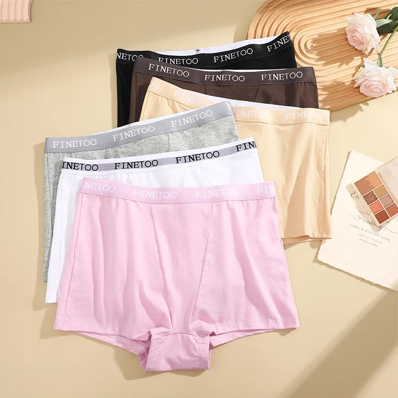 FINETOO 6Pcs Women Cotton Panties Mid Rise Stretch Logo Waistband Boxer Briefs Soft Breathable Solid Color Seamless No Ride Up Underwear for Daily Yoga Workout Leggings Anti Chafe Hip Coverage Short Underpants